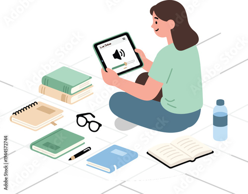 Girl Sitting on Floor Watching Educational Video on Tablet