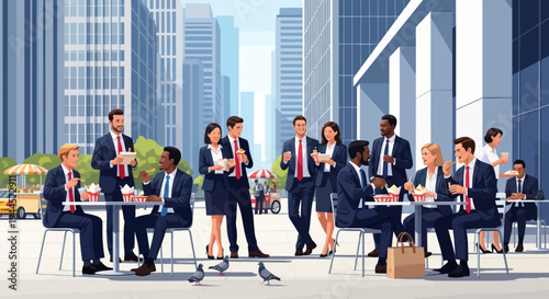 Diverse Business Team Enjoying Lunch Break Outdoors in Modern City