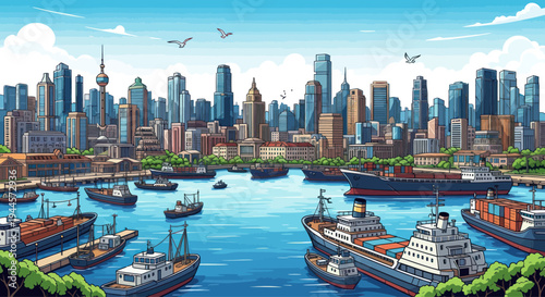 Pixel Art Harbor Cityscape with Cargo Ships and Skyline