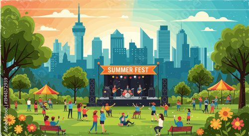 Summer Fest in City Park: Outdoor Music Concert with People Enjoying