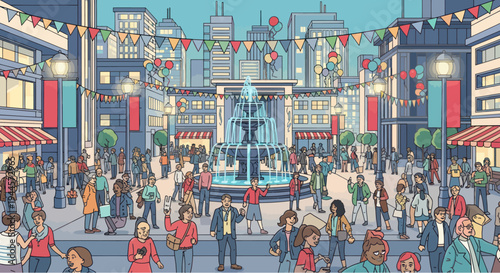 Busy City Square with Fountain and People, Festive Decorations, Lively Urban Scene