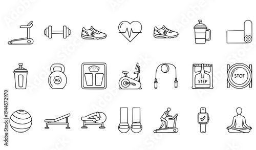 A collection of minimalist fitness icons and symbols in a flat line art style