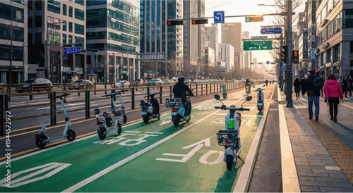 Electric Scooters and Motorbikes on Green Bike Lane in Modern City Street