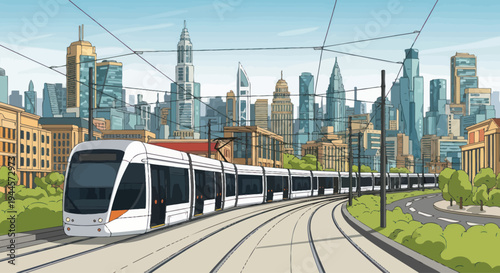 Modern Tram Moving Through a Cityscape with Skyscrapers