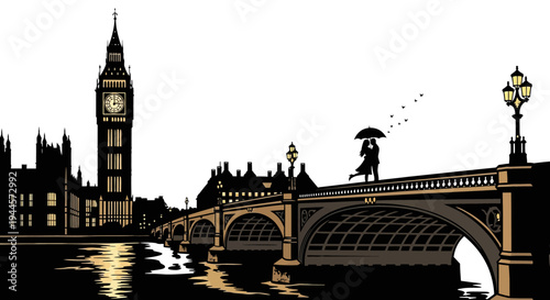 This striking graphic illustration portrays London's iconic Big Ben and Westminster Bridge, featuring a solitary figure with an umbrella against the city skyline.