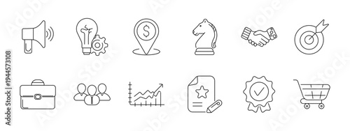 Business strategy set icon. Megaphone, idea gear, money pin, chess horse, handshake, target arrow, briefcase, team, growth chart, contract file, quality badge, shopping cart.