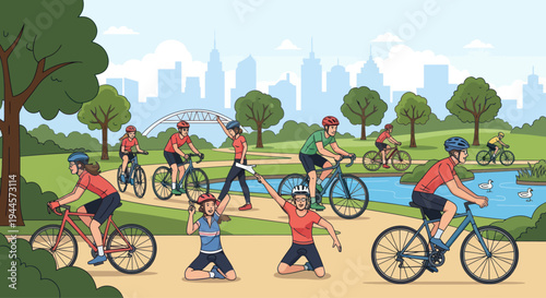 Group cycling in park, cityscape background, healthy lifestyle, outdoor activity, summer fun