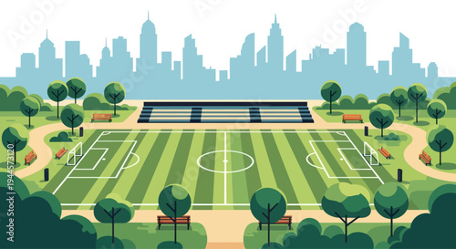 Soccer Field in City Park with Skyline Background