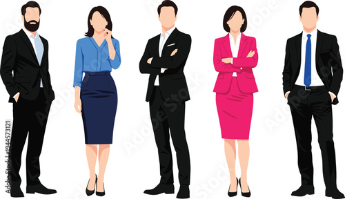 Professional diverse business team vector illustration of men and women in corporate attire standing together, concept of leadership, success, teamwork, and office career.