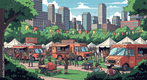 Urban Park Food Truck Festival with City Skyline and Festive Banners
