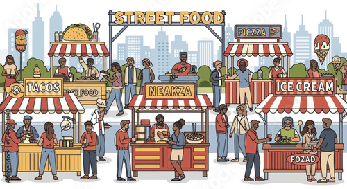 Diverse Street Food Festival in City with Tacos, Pizza, and Ice Cream Stalls