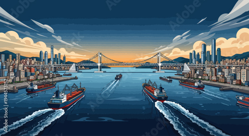 Pixel Art Harbor Cityscape with Ships and Bridge at Sunset