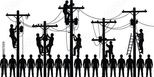 Silhouette illustration of electrical linemen repairing power lines on utility poles with ladder and cables, workforce team maintaining electricity distribution network infrastructure concept
