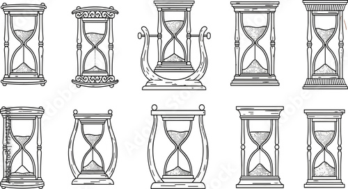 Vintage hourglass icon set featuring various antique sand timers with elegant line art frames representing time passing history countdown and traditional deadline measurement symbols.