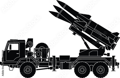 Military truck with mobile surface to air missile launcher system silhouette for defense industry and army warfare concept