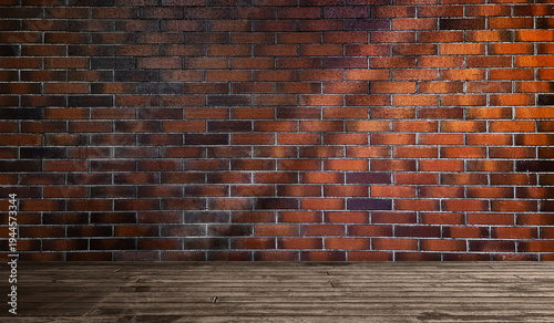 Foto Empty Industrial Loft Room Background with Dark Red Brick Wall and Rustic Dark Wood Floor, Moody Interior Design Studio Stage for Product Photography and Architectural Presentation Mockup Display