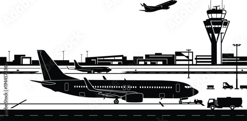 Modern airport runway silhouette featuring commercial passenger aircraft fueling truck control tower and jet taking off into sky
