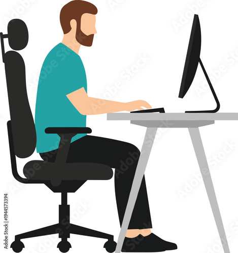 Professional man working on computer at office desk with ergonomic chair, flat vector illustration for remote work, freelance programming, gaming, and modern workplace productivity.