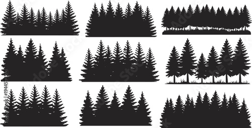 Nine black and white silhouettes of dense pine tree forests with varying tree density and ground details