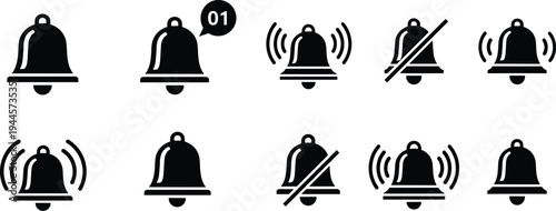 Notification bell icons set, alert symbol, mute sign, ringing design, digital interface vector, communication graphic, technology illustration, user interaction concept