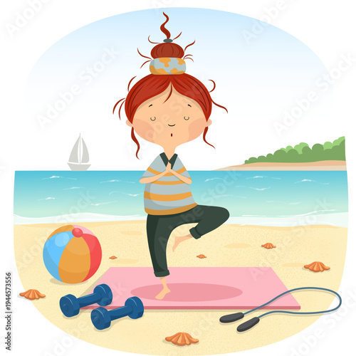 Cute cartoon red haired girl practicing yoga tree pose on a tropical beach near the sea. Fitness equipment including dumbbells jump rope and beach ball on the sand nearby. Concept of healthy lifestyle