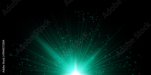 Abstract light burst White radiant center emitting numerous thin rays outward across black background, scattered circular particles, soft glow gradient, dramatic illumination, dynamic explosion effect