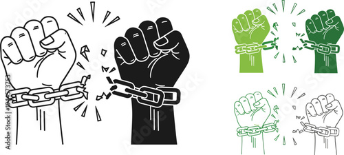Raised fists breaking chains icon, freedom symbol, liberation gesture, resistance illustration, empowerment vector, social justice design, unity concept, protest communication, strength graphic