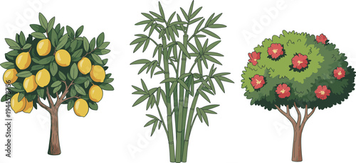 Three distinct trees with lemons, bamboo-like plants, and red flowers on a white background yellow