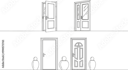Different minimalist door icons including open and closed styles, front entrance architecture elements, black line art vector illustration, concept
