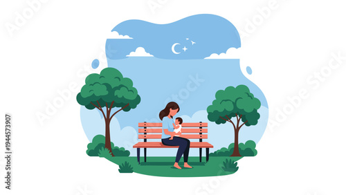 Mother sitting on a wooden park bench and breastfeeding her baby in a peaceful outdoor landscape for infant health concepts.