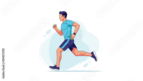 Active man in sportswear runs dynamically across a soft blue abstract background to promote health, fitness, and a regular running habit.