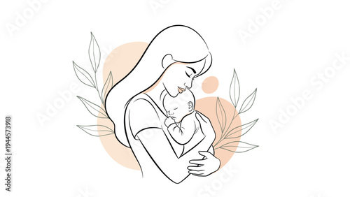 Elegant line art illustration depicts a mother holding her sleeping baby in a gentle embrace with delicate leaf and circle decorations.