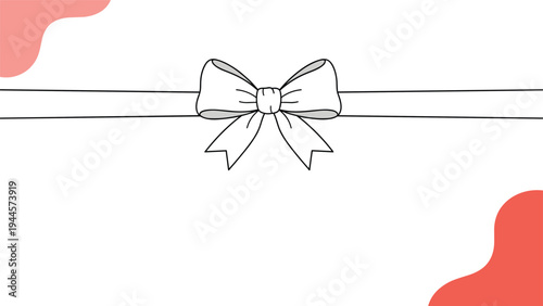 Elegant horizontal white ribbon with a central bow is set against a minimal white and coral background for gift wrapping or banner designs.