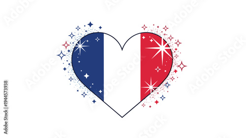 Patriotic heart shape is filled with the blue, white, and red stripes of the french flag and adorned with sparkling stars for national pride.