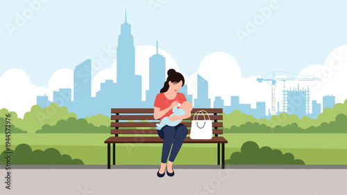 Young mother sits on a wooden park bench while breastfeeding her baby against a city skyline with green trees.
