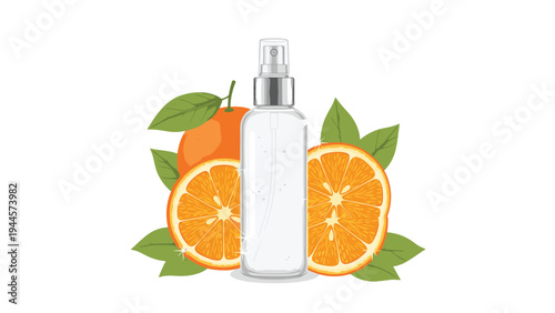 Transparent spray bottle with fresh orange slices and green leaves suggests a natural citrus scented product.