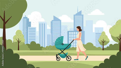 Woman pushes a baby stroller along a path in a city park with high rise buildings and trees in the background.