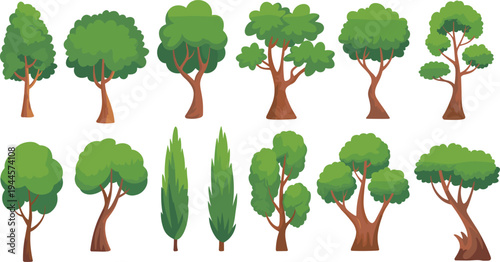 Various green trees with different shapes and sizes arranged in a row nature leaves branches