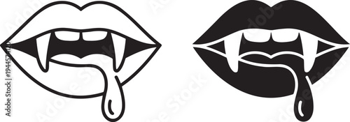 Vampire lips  silhouette & outline set isolated on transparent background 
