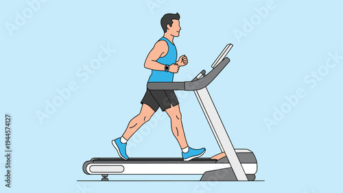 Man in athletic wear runs on a treadmill against a light blue background representing fitness and cardio exercise.
