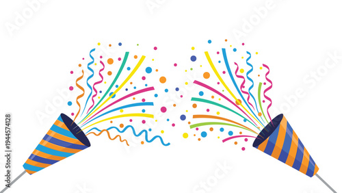 Two party poppers explode with colorful confetti and streamers to celebrate a special occasion or holiday.