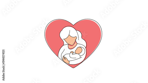 Tender illustration shows a mother cradling her baby inside a large red heart symbolizing maternal love and care.