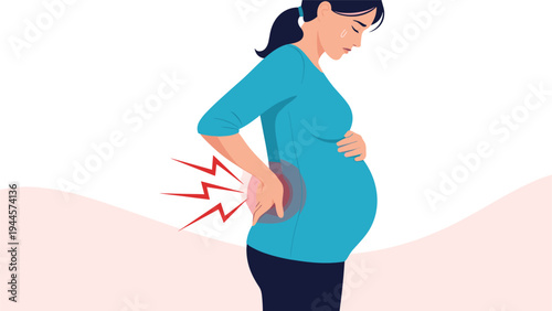 Pregnant woman suffers from lower back pain indicated by red lightning symbols while holding her belly.