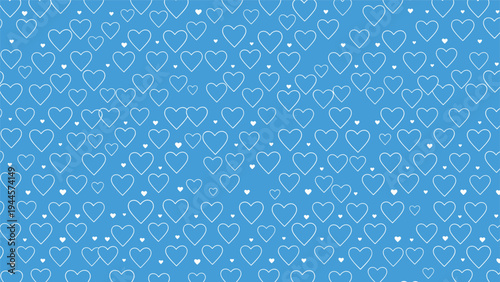 Blue background is covered in a pattern of small white heart outlines and tiny dots for a romantic theme.