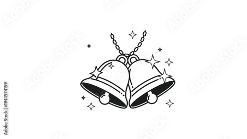 Pair of bells with sparkling accents are shown in a simple black and white outline for holiday decorations.