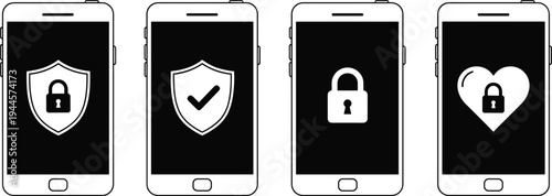 Smartphone security icons set illustration, mobile data protection vector design, privacy shield symbol, secure access lock icon, technology safety isolated graphic art