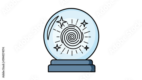 Magic crystal ball with a glowing spiral and stars inside is presented on a blue base for a mystical theme.