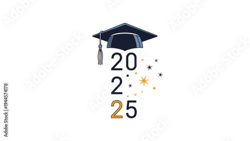 Graduation cap is placed above the year 2025 with decorative stars celebrating an upcoming commencement ceremony.
