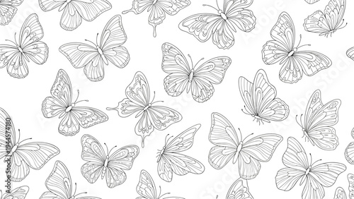 Seamless pattern features a multitude of butterfly outlines in various positions across a white background.