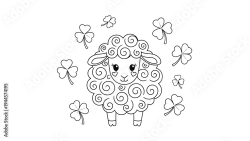 Cute curly sheep is surrounded by several four leaf clovers in a simple black and white outline illustration.